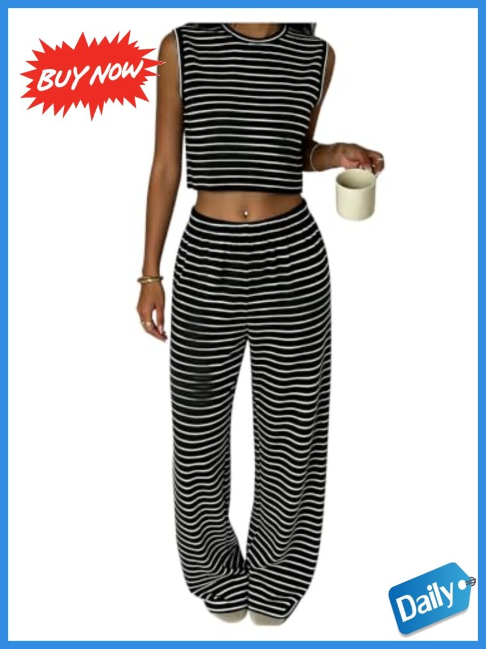 2 Piece Striped Tank Top & Pants Set Sleeveless Pull On Casual